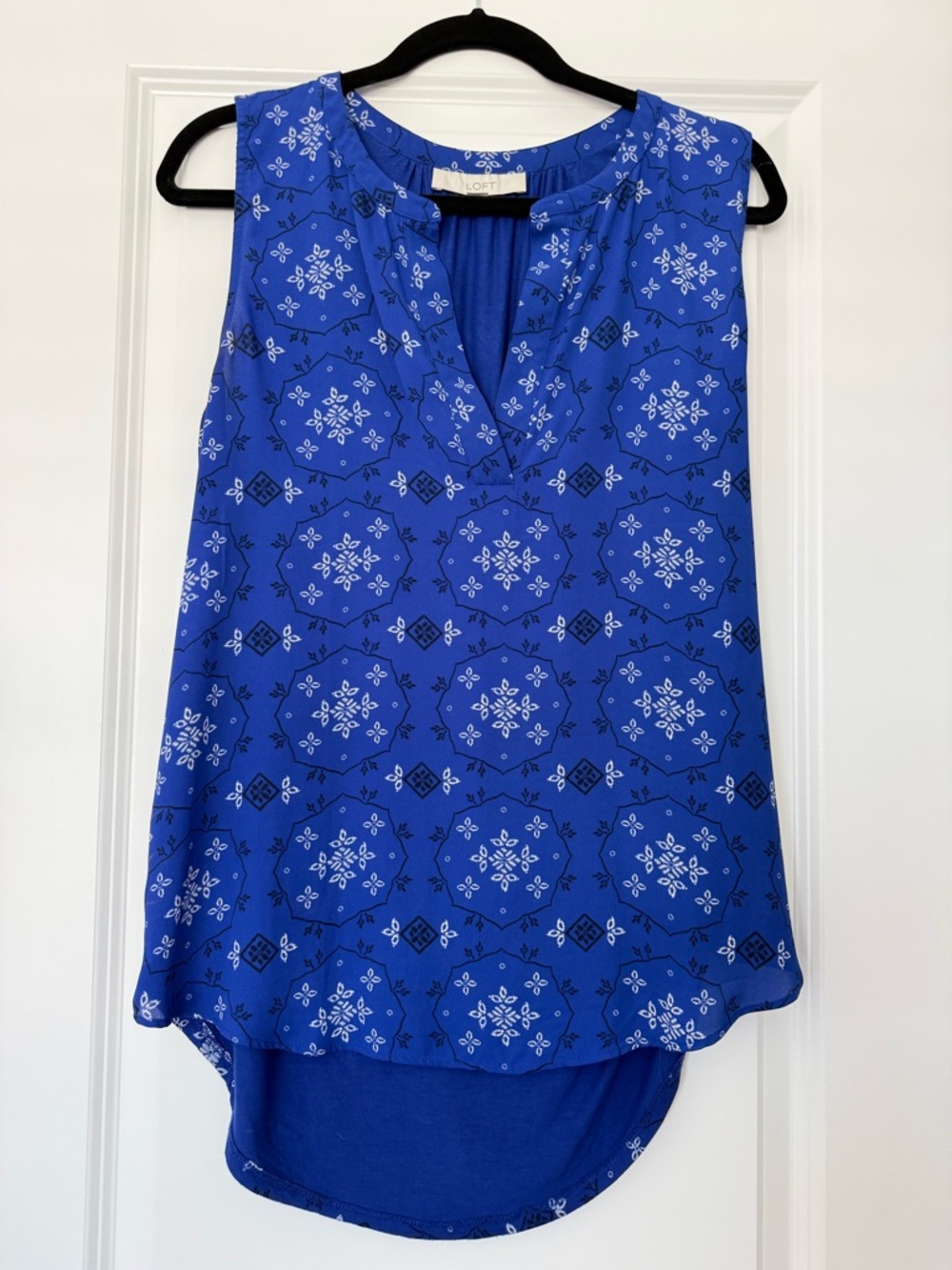 LOFT Royal Blue Printed Sleeveless Split-Neck Tunic